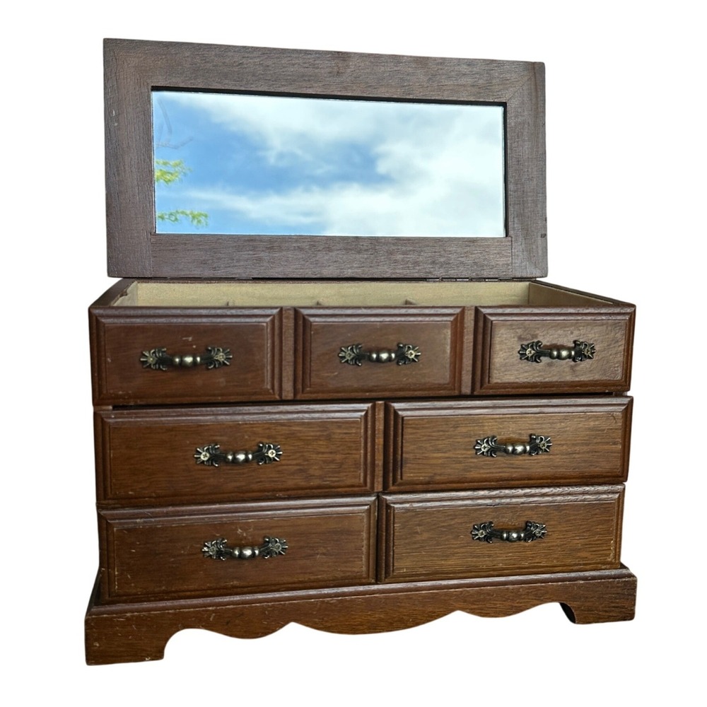Vintage Wood Jewelry Box Armoire 5 Drawer Mirror Top Chest Dark Brown Finish